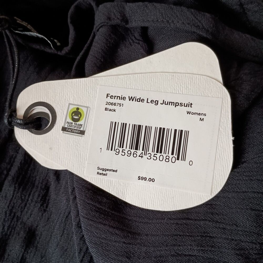 prAna Fernie Jumpsuit Womens Medium Black Smocked Waist Crinkle Relaxed Wide Leg - Picture 12 of 12